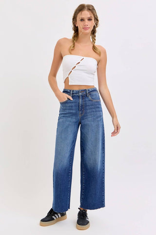 Dark wash high rise cropped wide leg jeans with raw hem, view 5