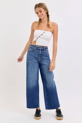 Dark wash high rise cropped wide leg jeans with raw hem, view 3