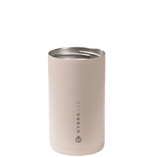 Beige tumbler with silver lid on a white background