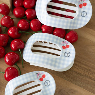 TELETIES Basket of Cherries Large Flat Round Hair Clip with light blue gingham and cherry details