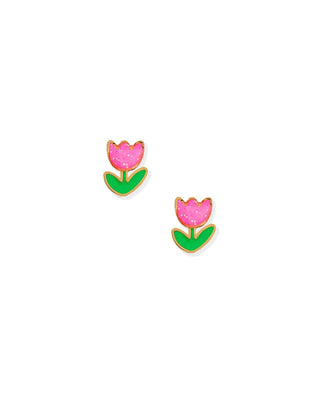 Pair of pink tulip-shaped earrings on a white background