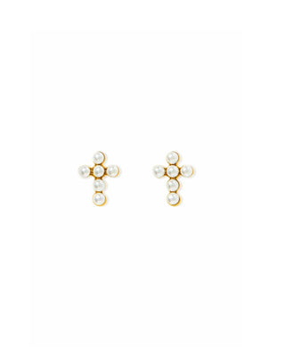 Pair of gold earrings with pearl-like beads on a white background