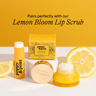 Poppy & Pout lemon-themed lip care products on a yellow background with text.