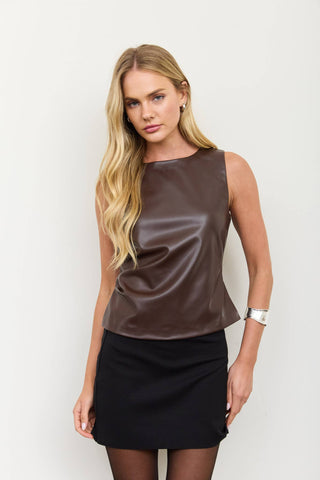 FAUX LEATHER ROUND NECK RUCHED SLEEVELESS TOP