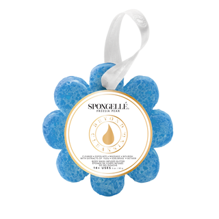 Blue sponge with a label on a white background