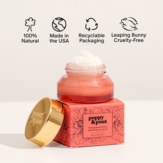 Lip scrub with branding and certification icons on a light background
