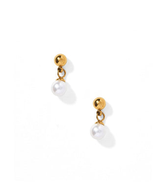 A pair of gold stud earrings with a small gold ball post and a dangling white pearl bead, shown on a clean white background.