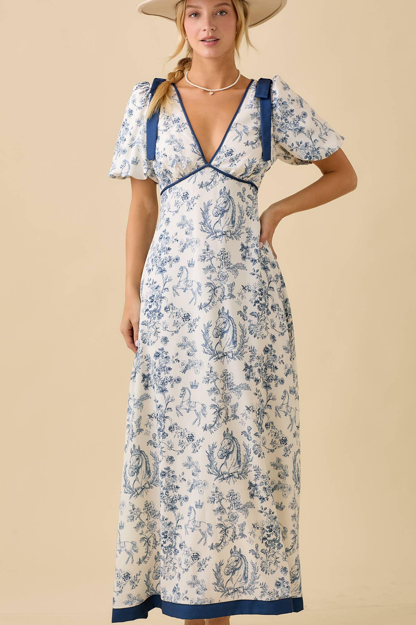 Deep-Neck Maxi Dress With Bubble Sleeve