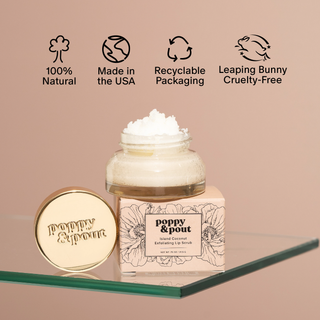 Jar of lip scrub with branding and sustainability icons on a beige background