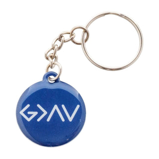 Blue keychain with 'G>AV' symbol on a white background