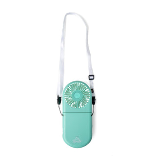 Turquoise handheld fan with a strap on a white background