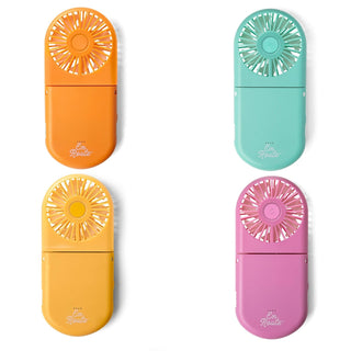 Four colorful handheld fans in orange, turquoise, yellow, and pink on a white background.