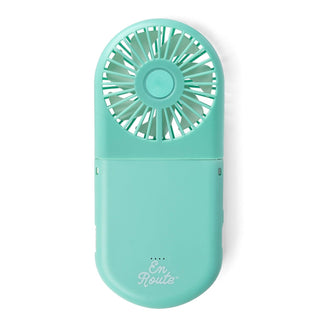 Turquoise handheld fan with 'En Route' text on a white background