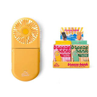 Yellow portable fan and 'breeze bank' power bank packaging on a white background
