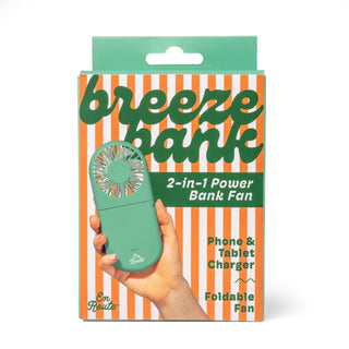 Packaging of a 'breeze bank' 2-in-1 power bank fan with a hand holding the product.