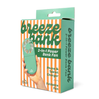 Green 'breeze bank' 2-in-1 power bank fan packaging with a hand holding the product.