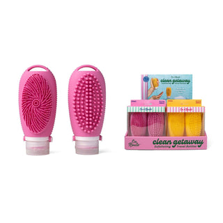 Pink exfoliating scrubber with packaging on a white background
