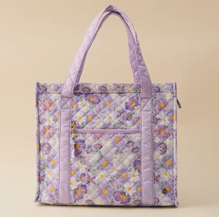 The Everyday Quilted Tote Bag in Bouquet Beauty Purple floral print