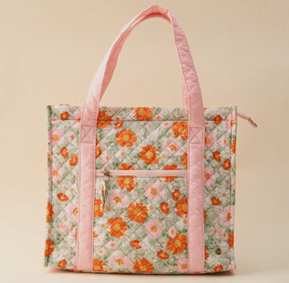 The Everyday Quilted Tote Bag in Bouquet Beauty Sage with pink trim