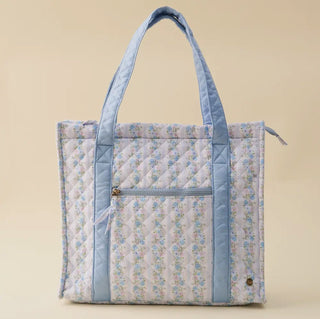 The Everyday Quilted Tote Bag in Petal Parade Blue floral print