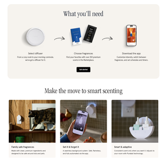 Smart scents product page with diffuser, phone, and app icons on a light background.