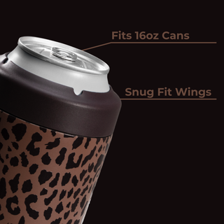 Leopard print can cooler with text on a black background