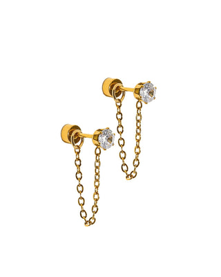 A pair of gold stud earrings with a short chain dangle and a clear round-cut gemstone, shown on a plain white background.