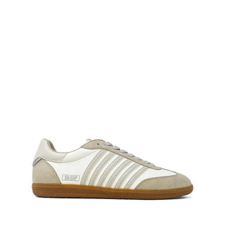 Beige and white sneaker with brown sole on a white background