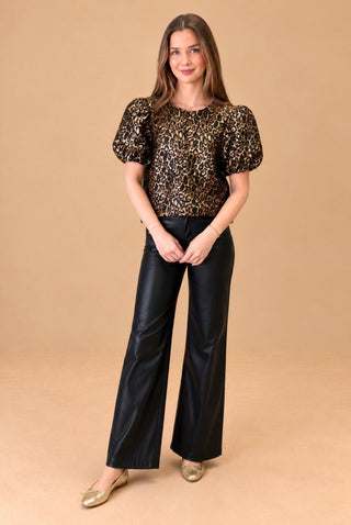 Gigi leopard print puff sleeve shimmer top on model