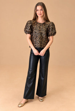 Gigi leopard print puff sleeve shimmer top on model, view 2