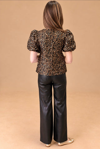 Gigi leopard print puff sleeve shimmer top on model, view 4