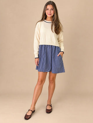 Golden Fields Denim Blue Stripe Layered Twofer Mini Dress, view 2