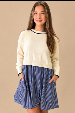 Golden Fields Denim Blue Stripe Layered Twofer Mini Dress
