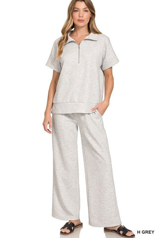 Half Zip Scuba Top & Wide Leg Pants Set - Blue Blossom Boutique