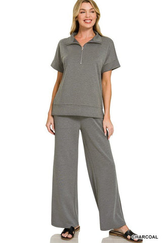 Half Zip Scuba Top & Wide Leg Pants Set - Blue Blossom Boutique