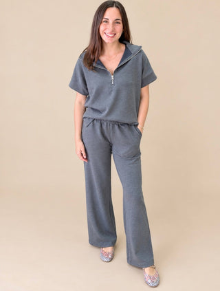 Half Zip Scuba Top & Wide Leg Pants Set – matching scuba knit half-zip pullover and wide leg pants on model