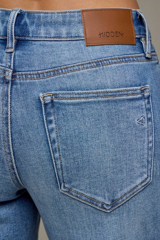 Hidden Mid Rise Dad Jeans, leather patch detail