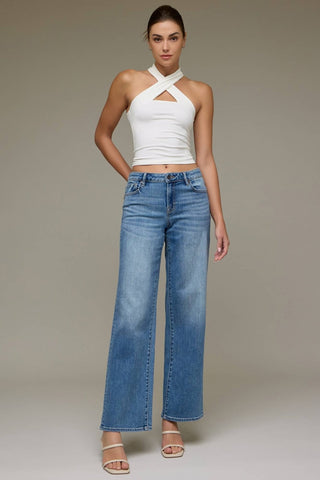 Hidden Mid Rise Dad Jeans with a white halter top, alternate pose