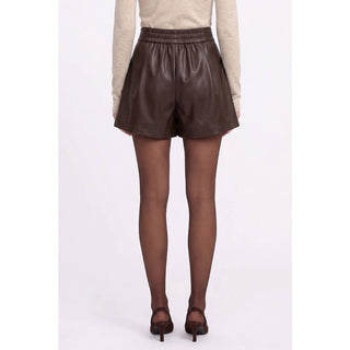 High rise vegan leather pleated shorts with side pockets, view 3