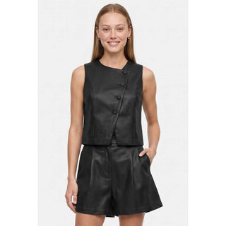 High rise vegan leather pleated shorts with side pockets, view 2