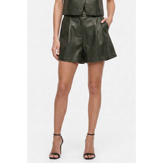 High rise vegan leather pleated shorts with side pockets, view 5