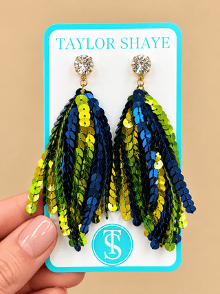 Hurricane Season navy and lime green sequin statement earrings