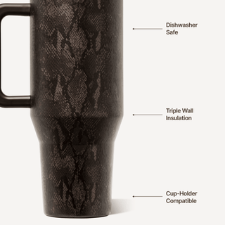 HydroJug 32 oz Traveler tumbler in brown snakeskin print with handle and flip straw, view 5