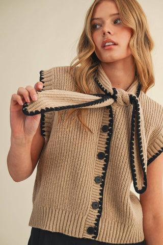 Tie neck sweater vest with blanket stitch, view 2