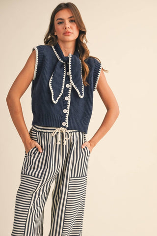 Tie neck sweater vest with blanket stitch, view 3