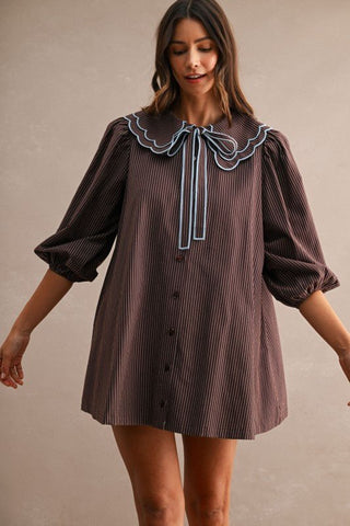 Josie Striped Scalloped Collar Puff Sleeve Mini Dress - Blue Blossom Boutique