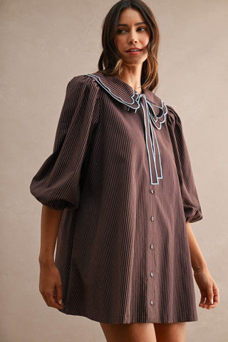 Josie Striped Scalloped Collar Puff Sleeve Mini Dress - Blue Blossom Boutique