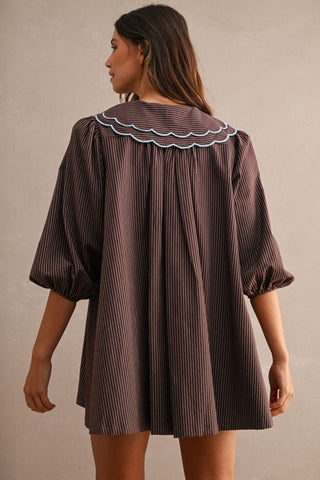 Josie Striped Scalloped Collar Puff Sleeve Mini Dress - Blue Blossom Boutique