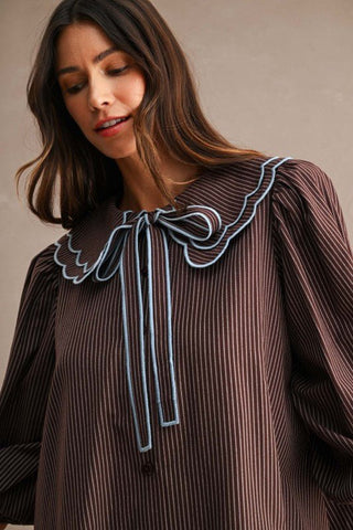 Josie Striped Scalloped Collar Puff Sleeve Mini Dress - Blue Blossom Boutique