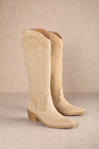Juliette apricot suede western knee-high boots with stacked block heel